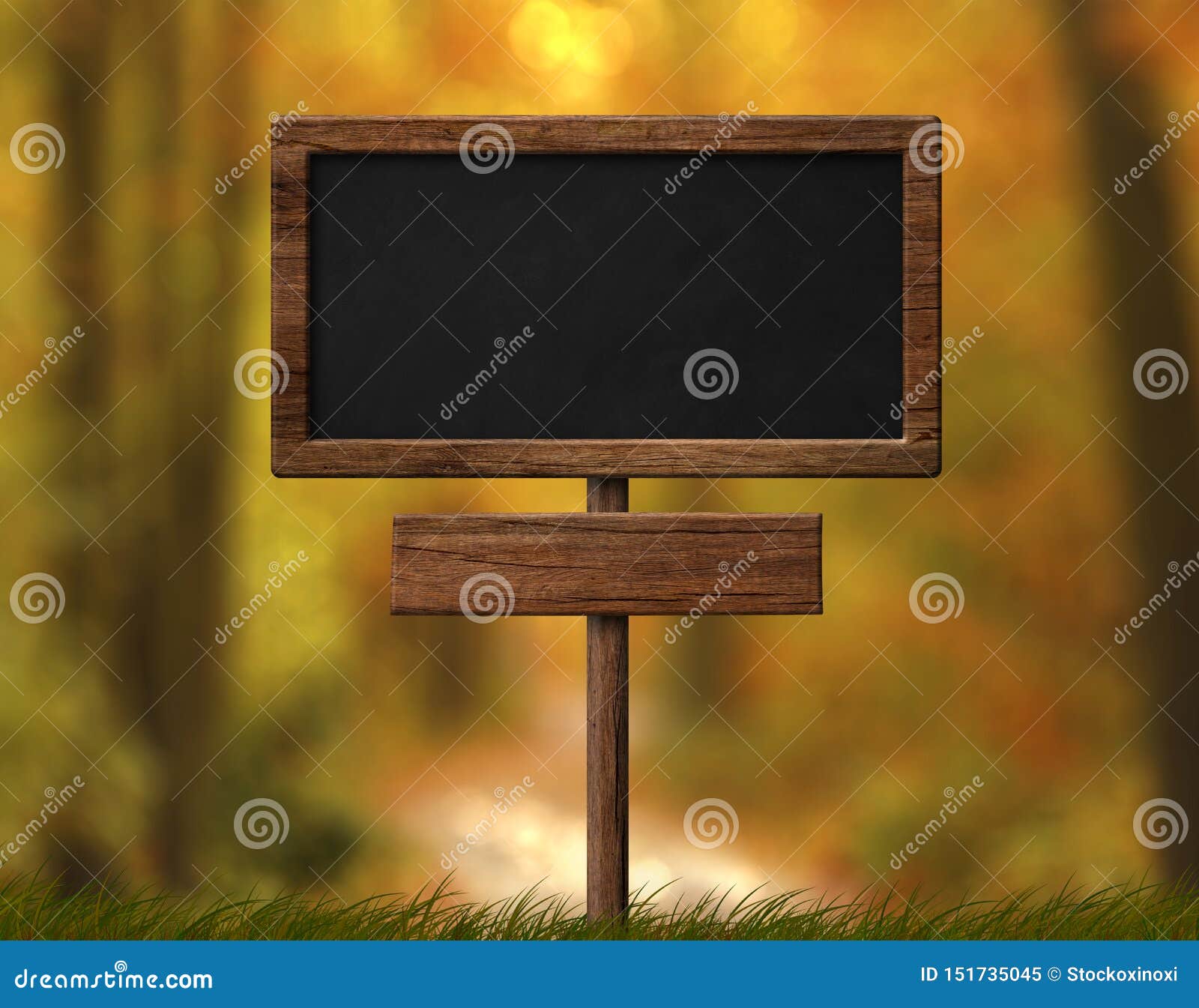 Wood Frame Blackboard with Single Pole and Autumn Forest Background