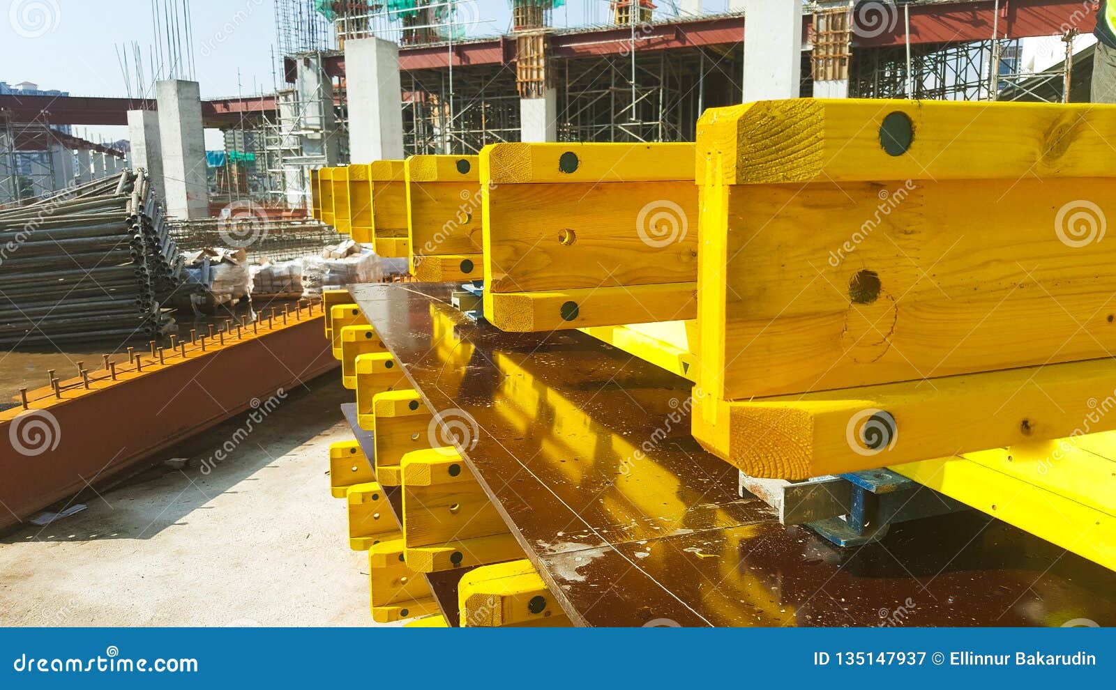 Wood Girder Stacked at a Construction Site. Stock Image Image of pile