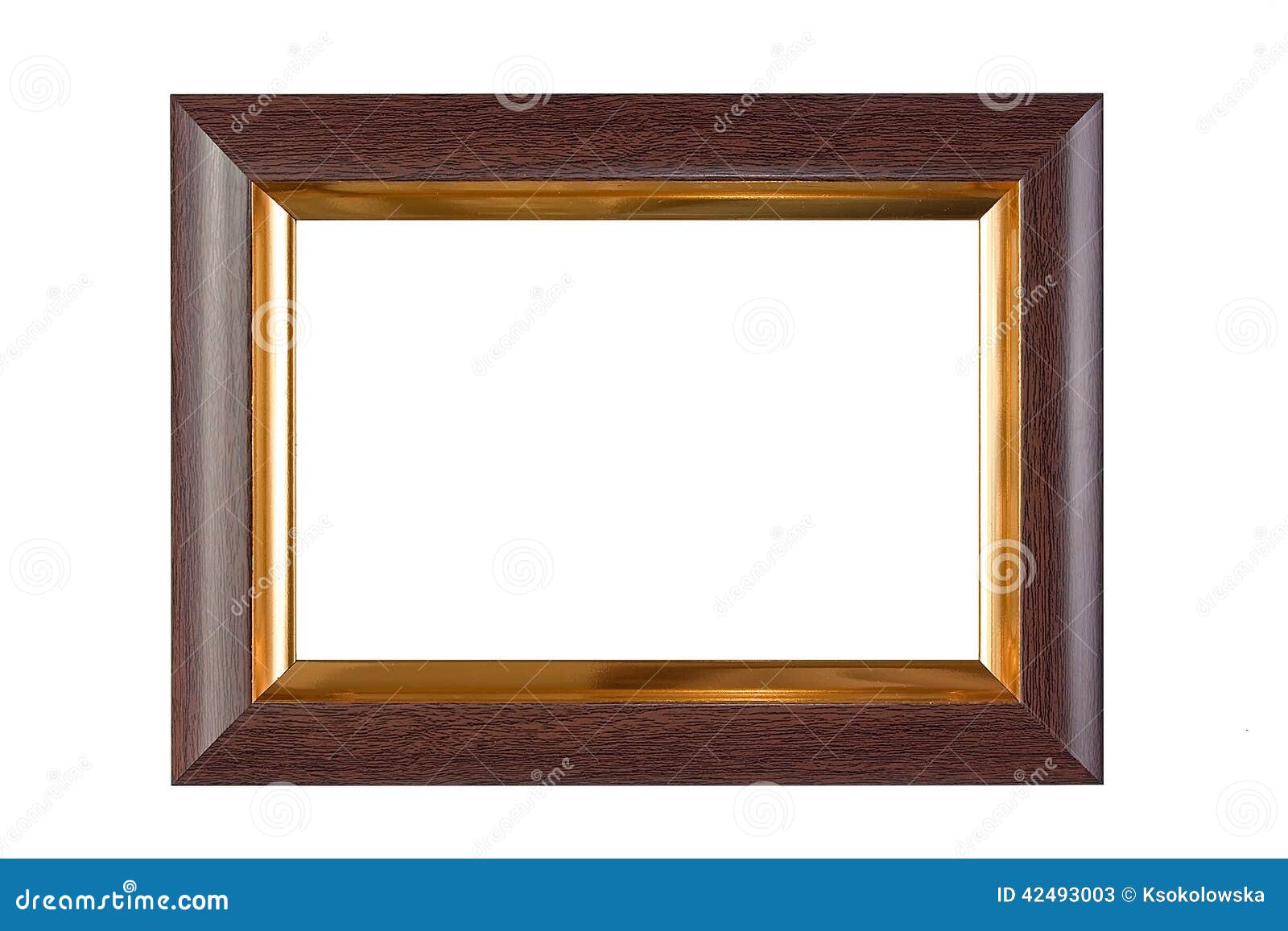 wood and gold frame with copyspace. rectangle decorative border on white background and blank space