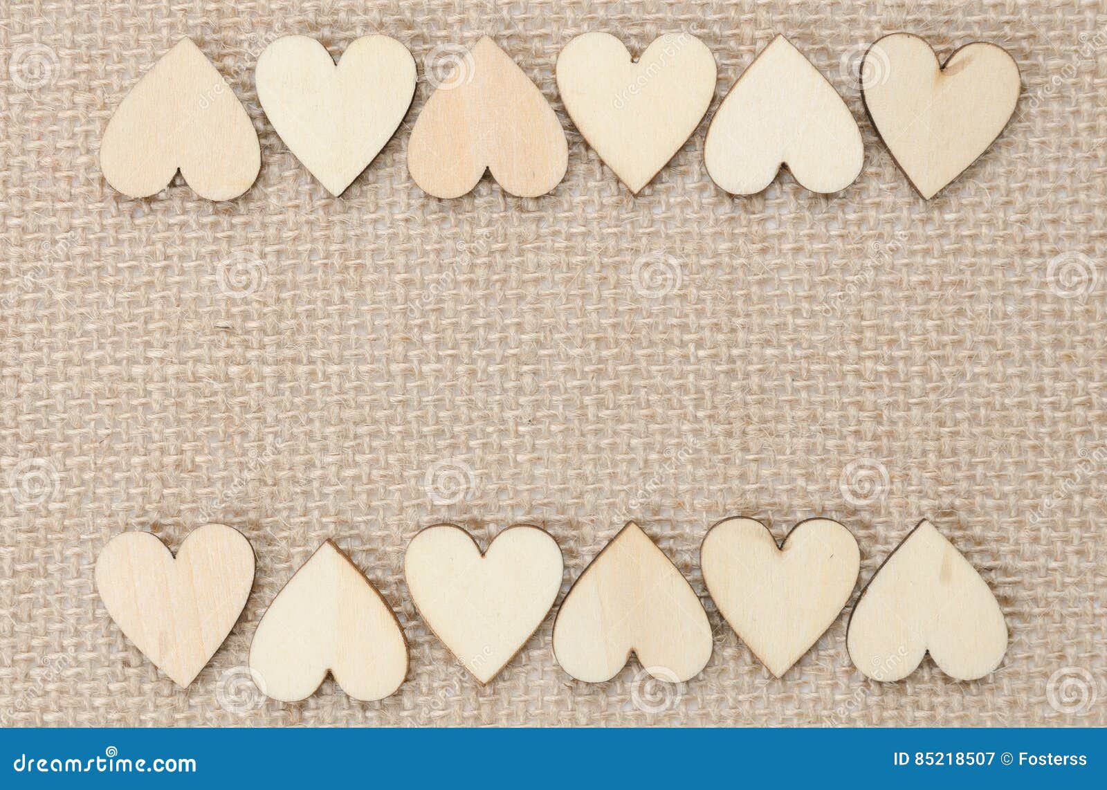 Wood Hearts on Hessian Texture Background, Valentine Background Stock