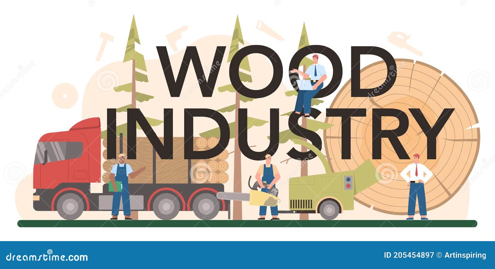 Wood Industry Typographic Header. Logging and Woodworking Process Stock