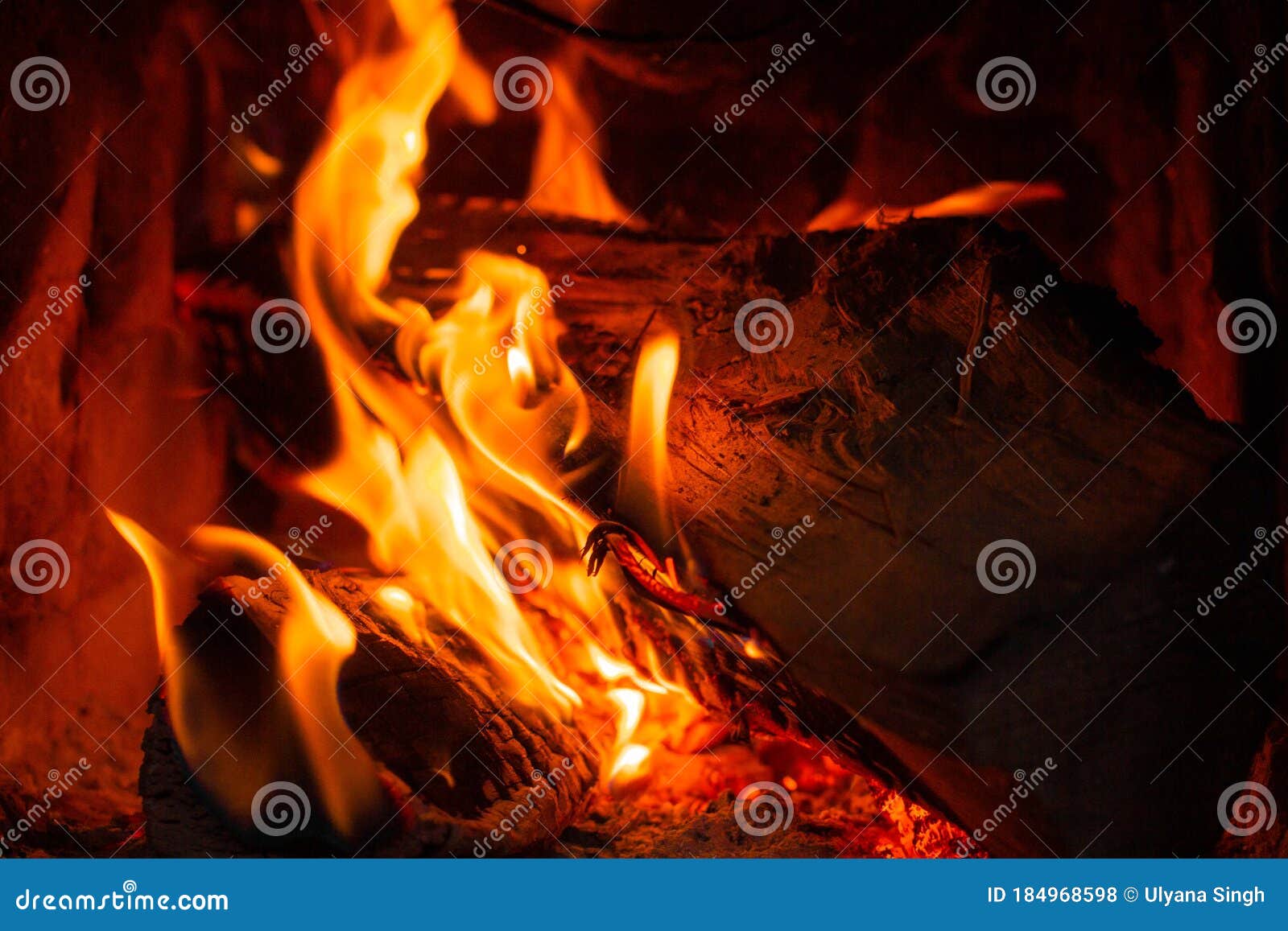 wood log burning in the chimenea. fire wood, coal and amber ash closeup.