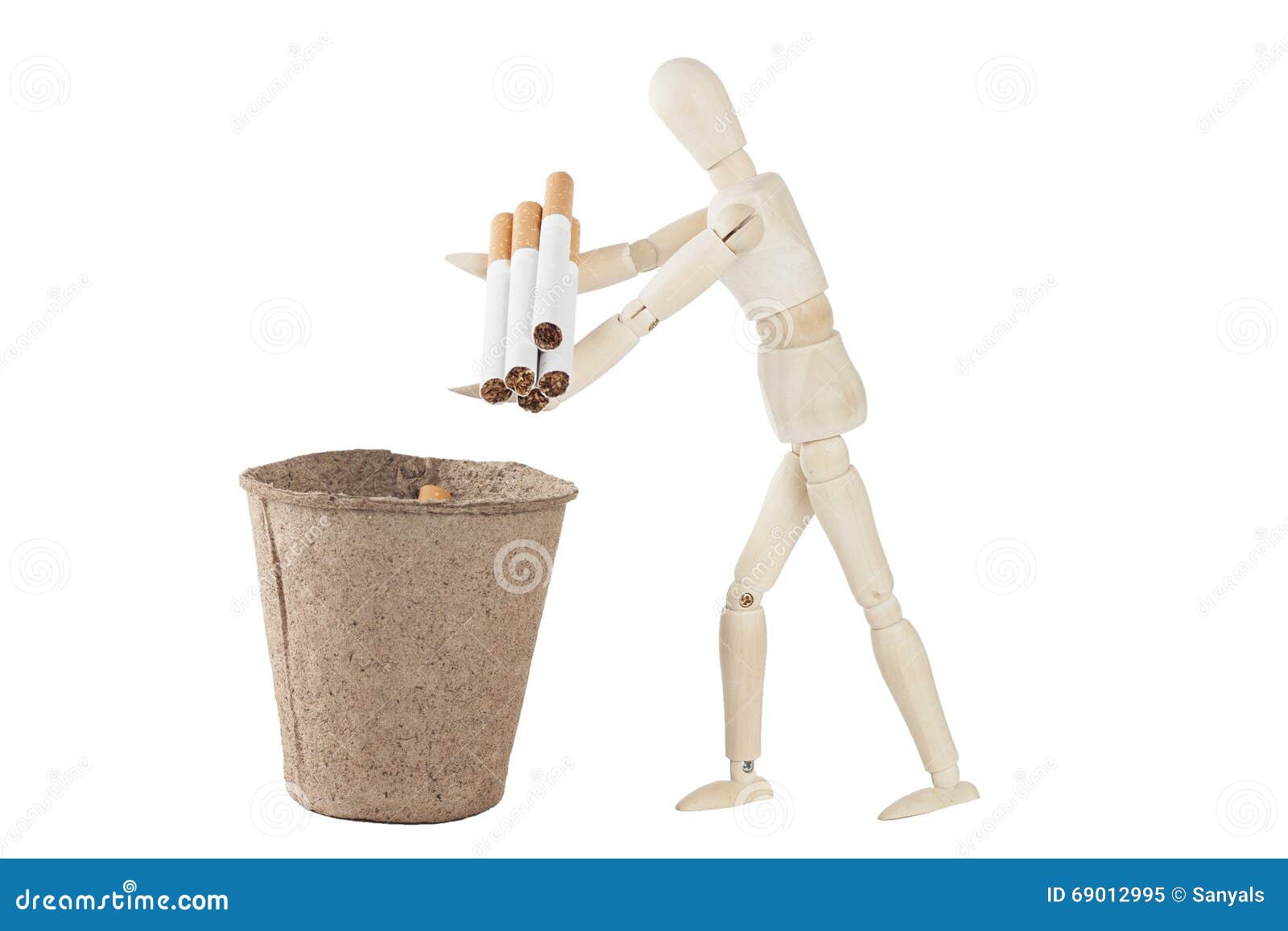 Wood Mannequin Throw in the Trash Some Cigarettes Stock Image Image