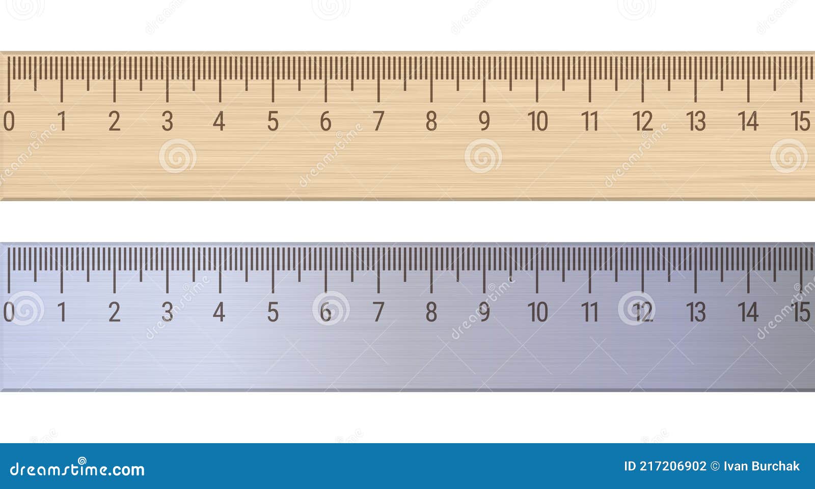 Wood and metal rulers. 3D realistic vector illustration isolated on white