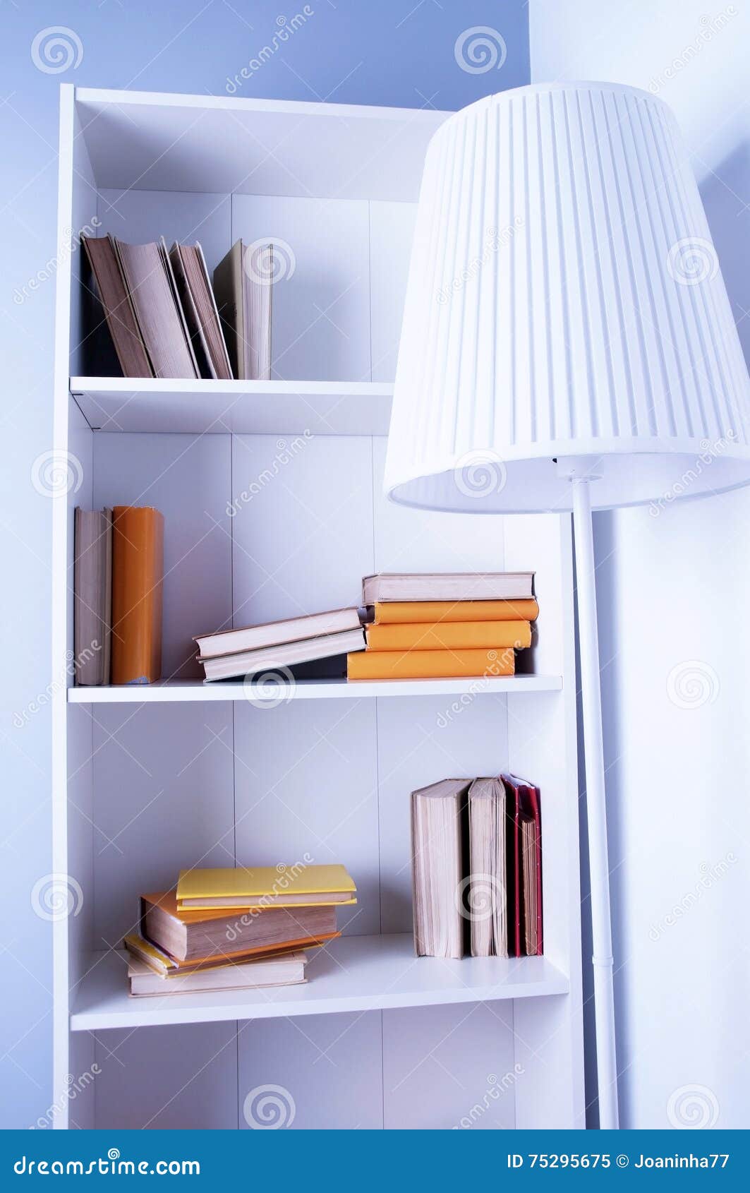 Wood Shelf With Book A Bookcase With Books From Floor Lamp Stock