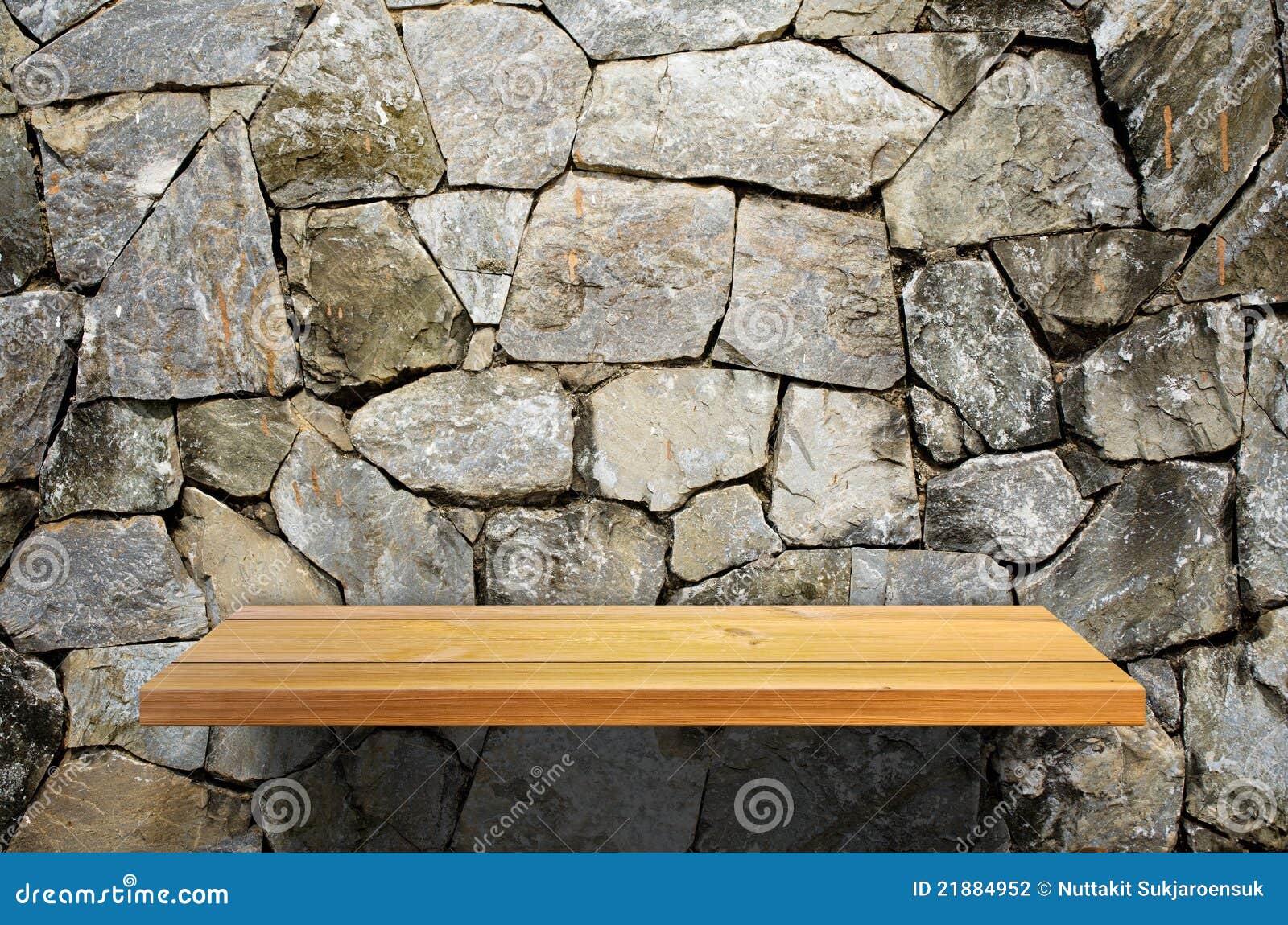 Wood shelf on stone wall stock photo. Image of stone - 21884952