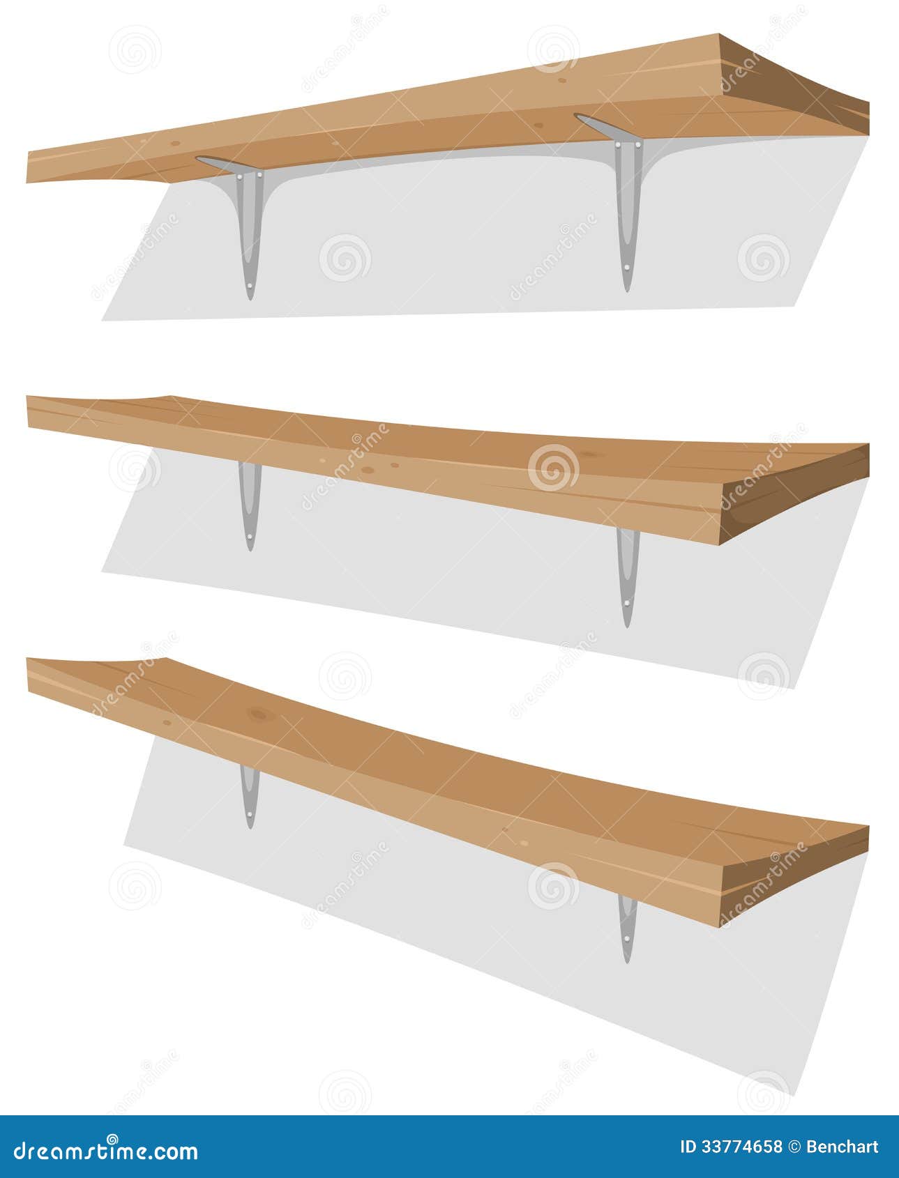 Illustration of cartoon garage wood storage shelves set on the wall 