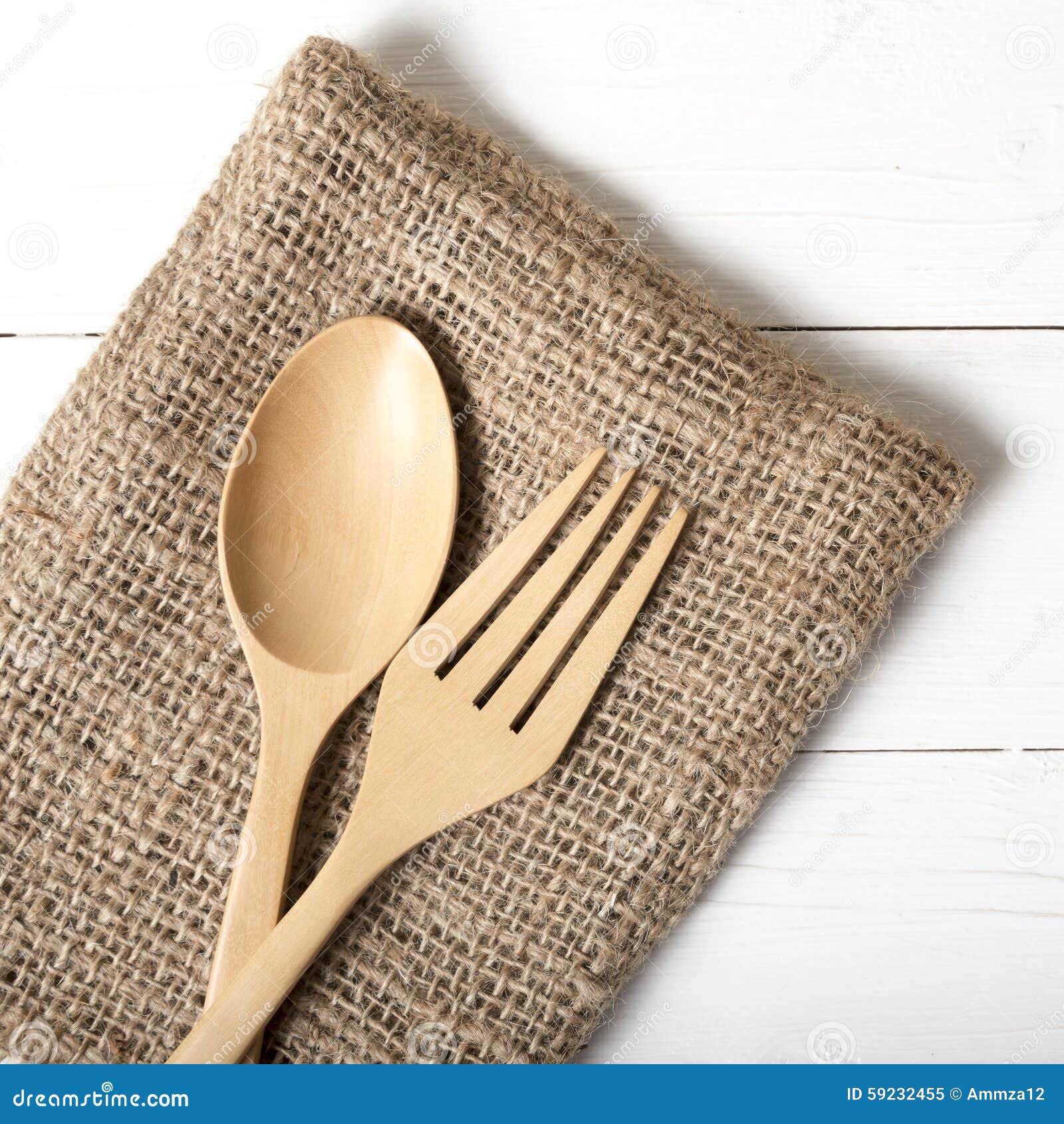 Wood Spoon and Fork on Kitchen Towel Stock Image Image of towel