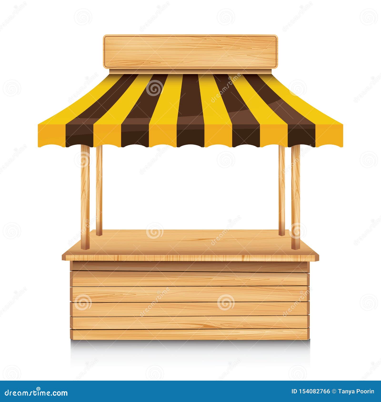 wood street stall with yellow and brown awning on white background