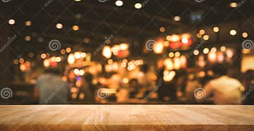 Wood Table Top Bar with Blur Light Bokeh in Dark Night Cafe Stock Image ...