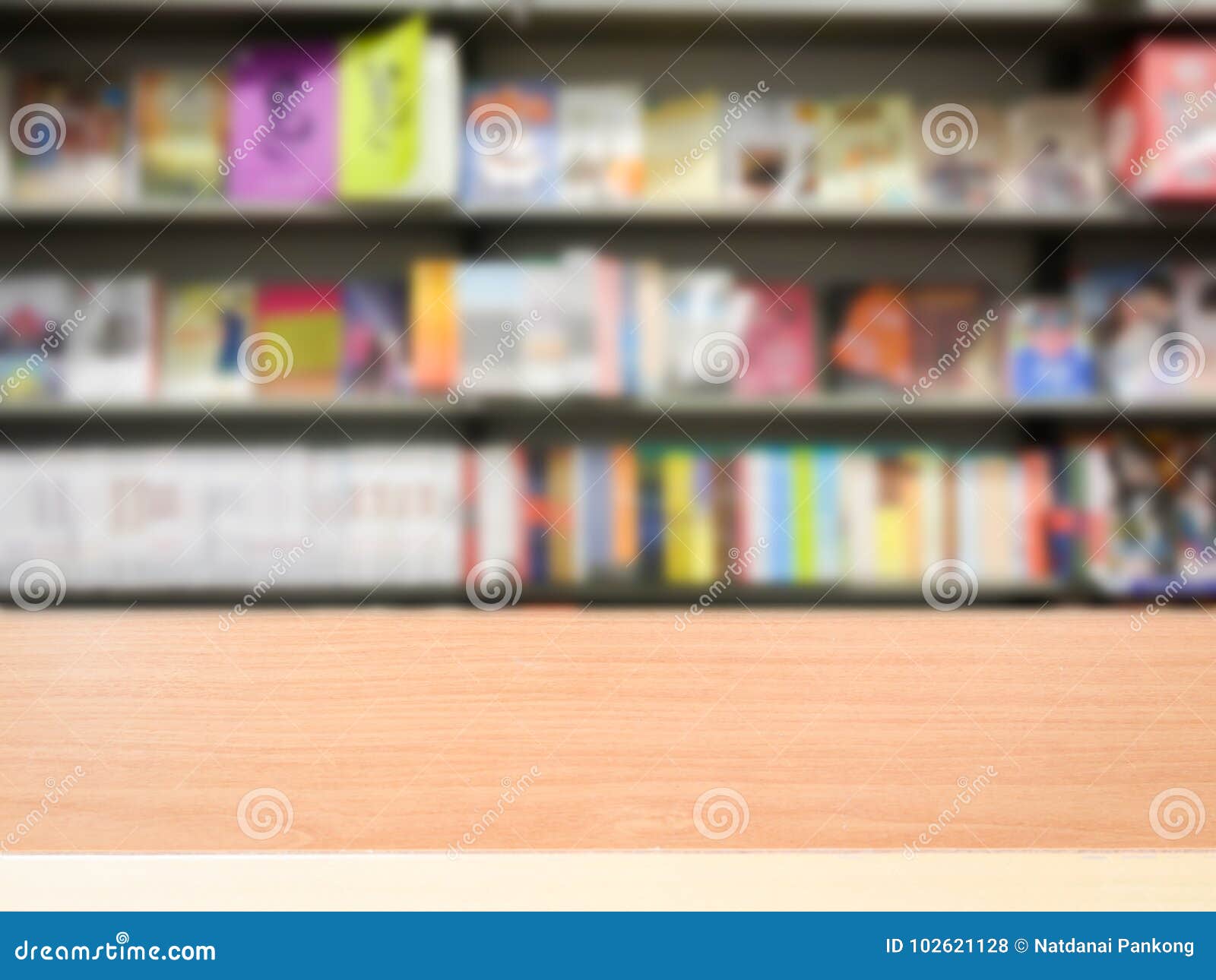 Wood Table Top On Blur Bookshelf Stock Photo Image Of Blurred