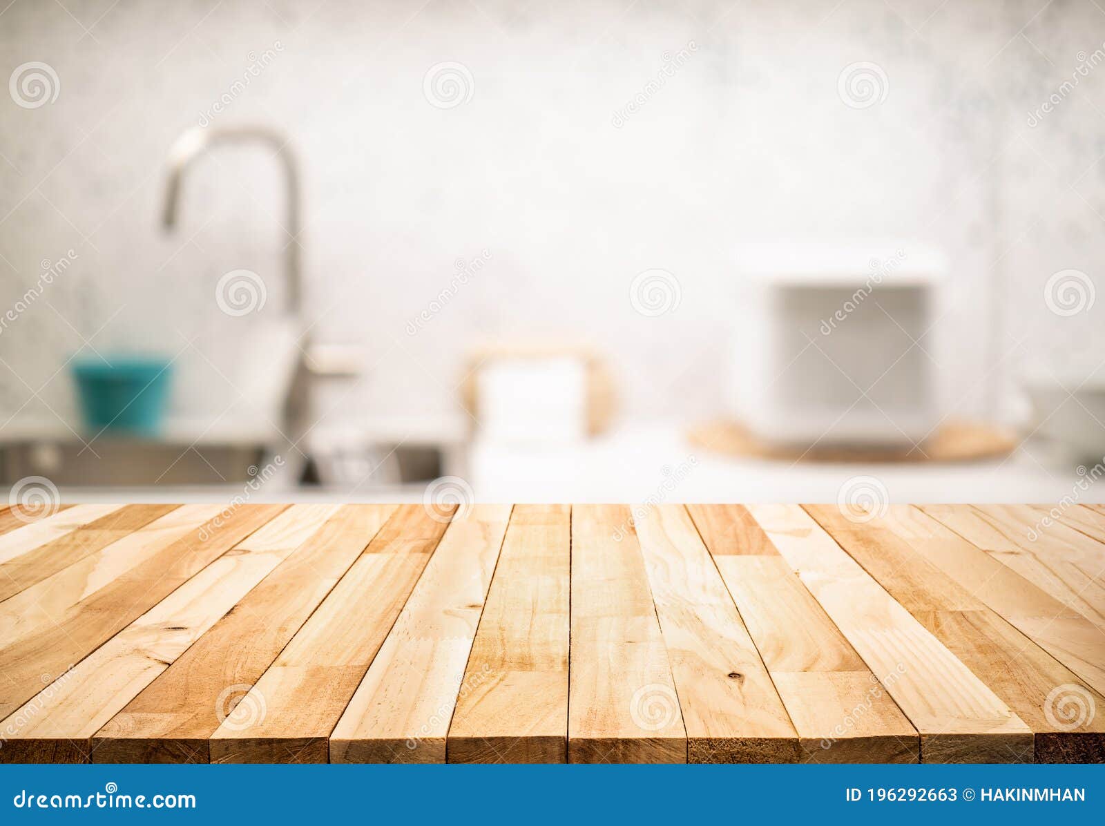 Wood Table Top on Blur Kitchen Counter Roombackground Stock Image ...