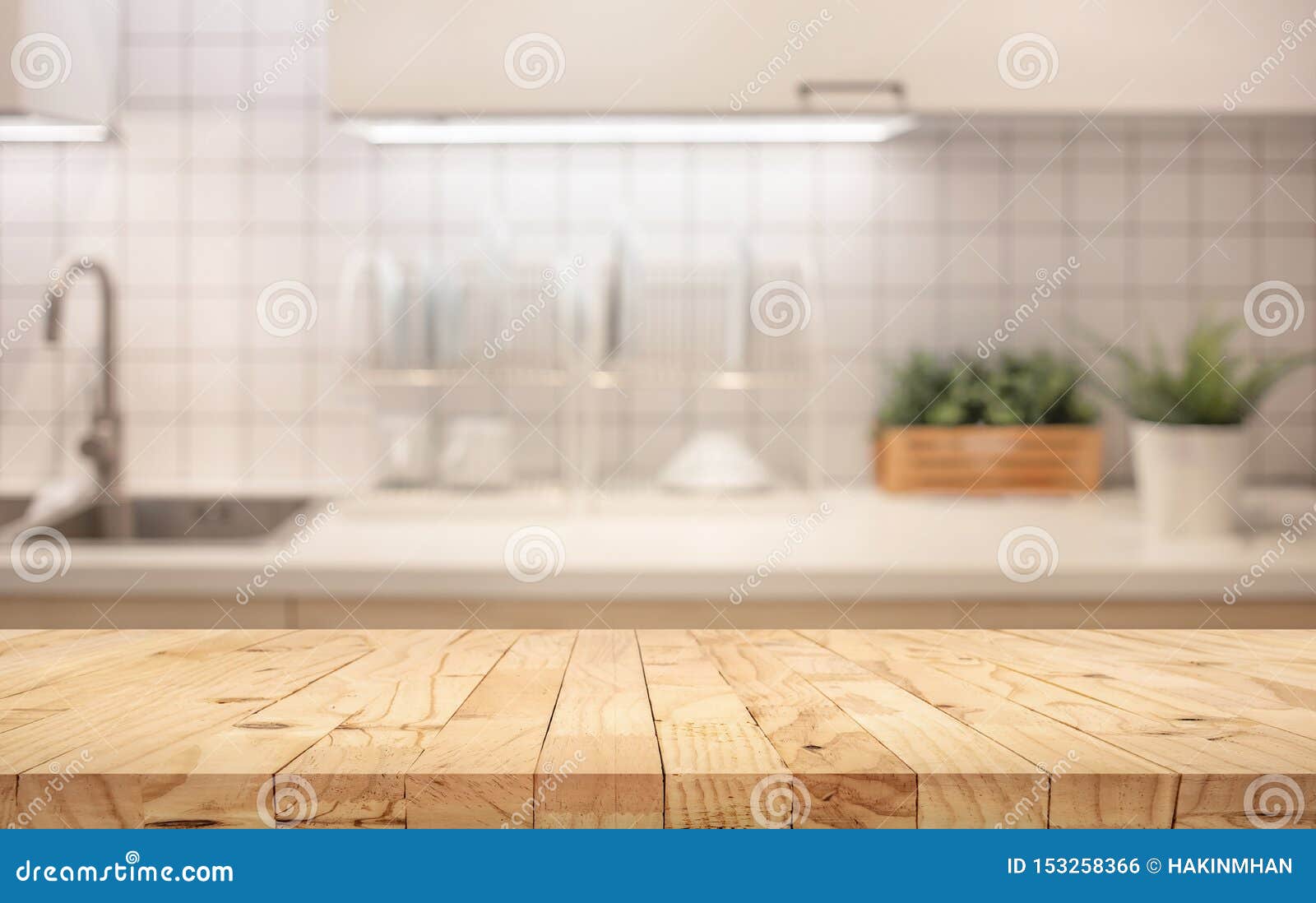 Wood Table Top on Blur Kitchen Counter Roombackground Stock Photo ...