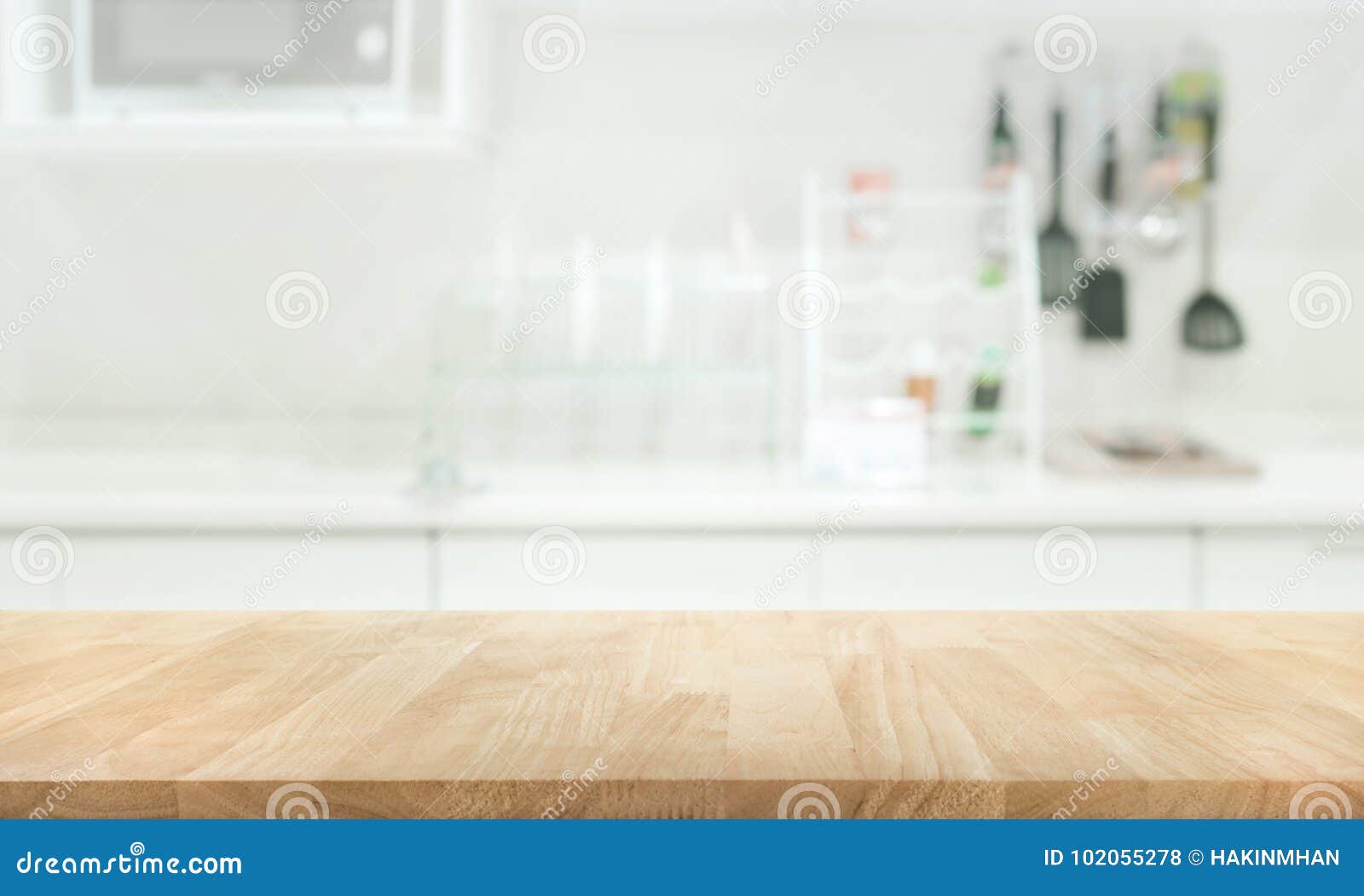 wood table top on blur kitchen room background