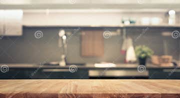 Wood Table Top on Blur Kitchen Room Background Stock Image - Image of ...