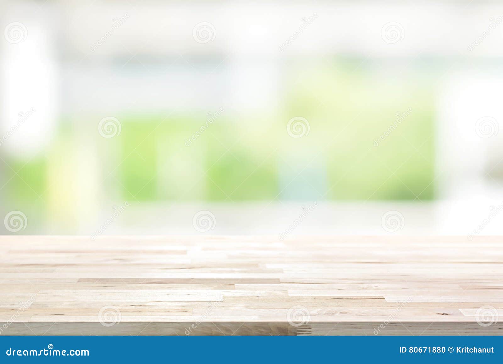 wood table top on blur white green kitchen window background