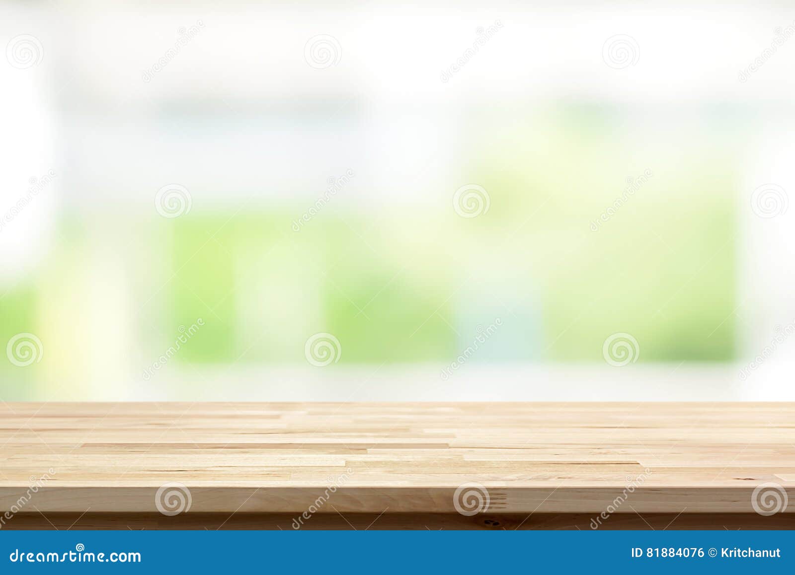 wood table top on blur white green kitchen window background