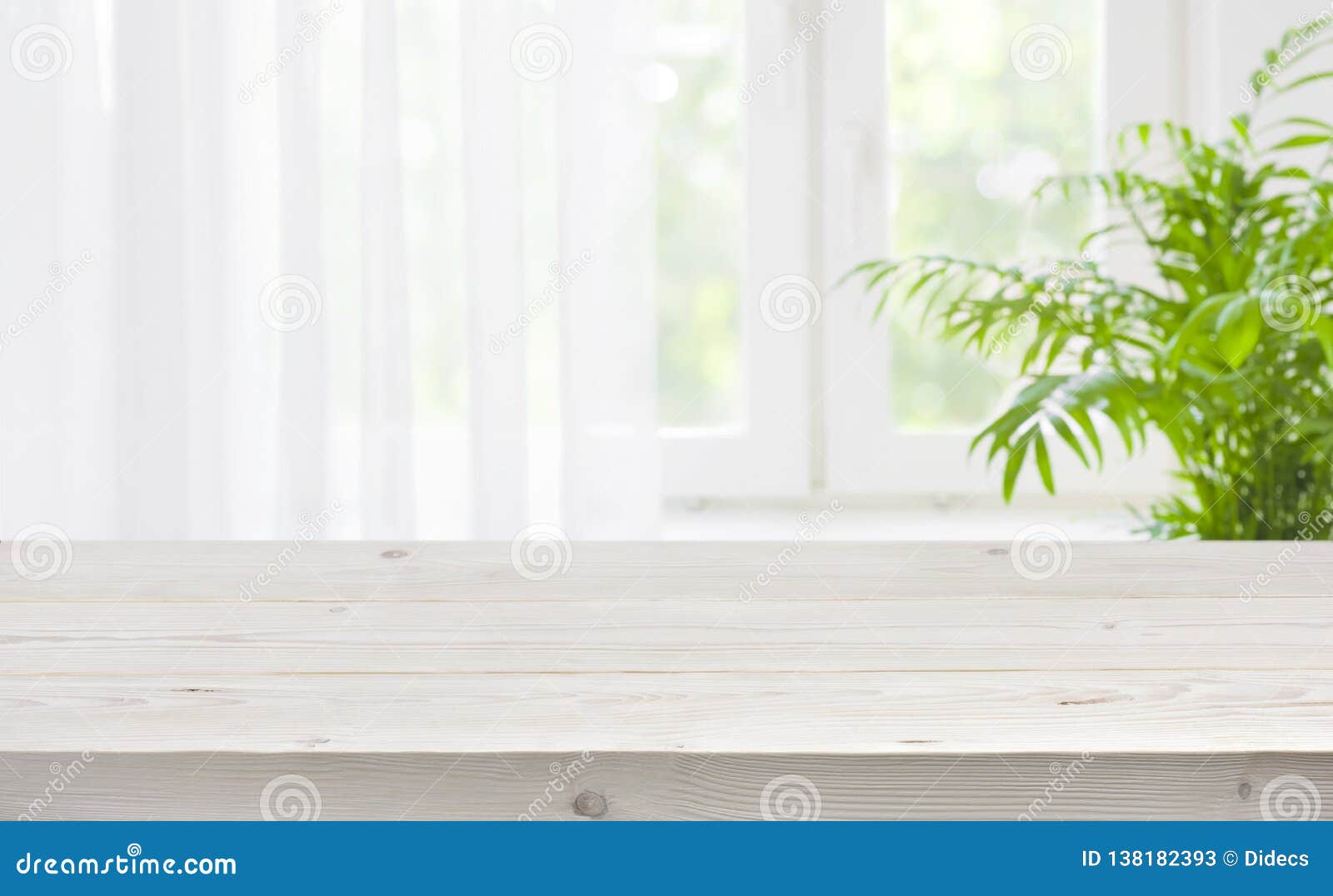 wood table top on blurred background of window with curtain