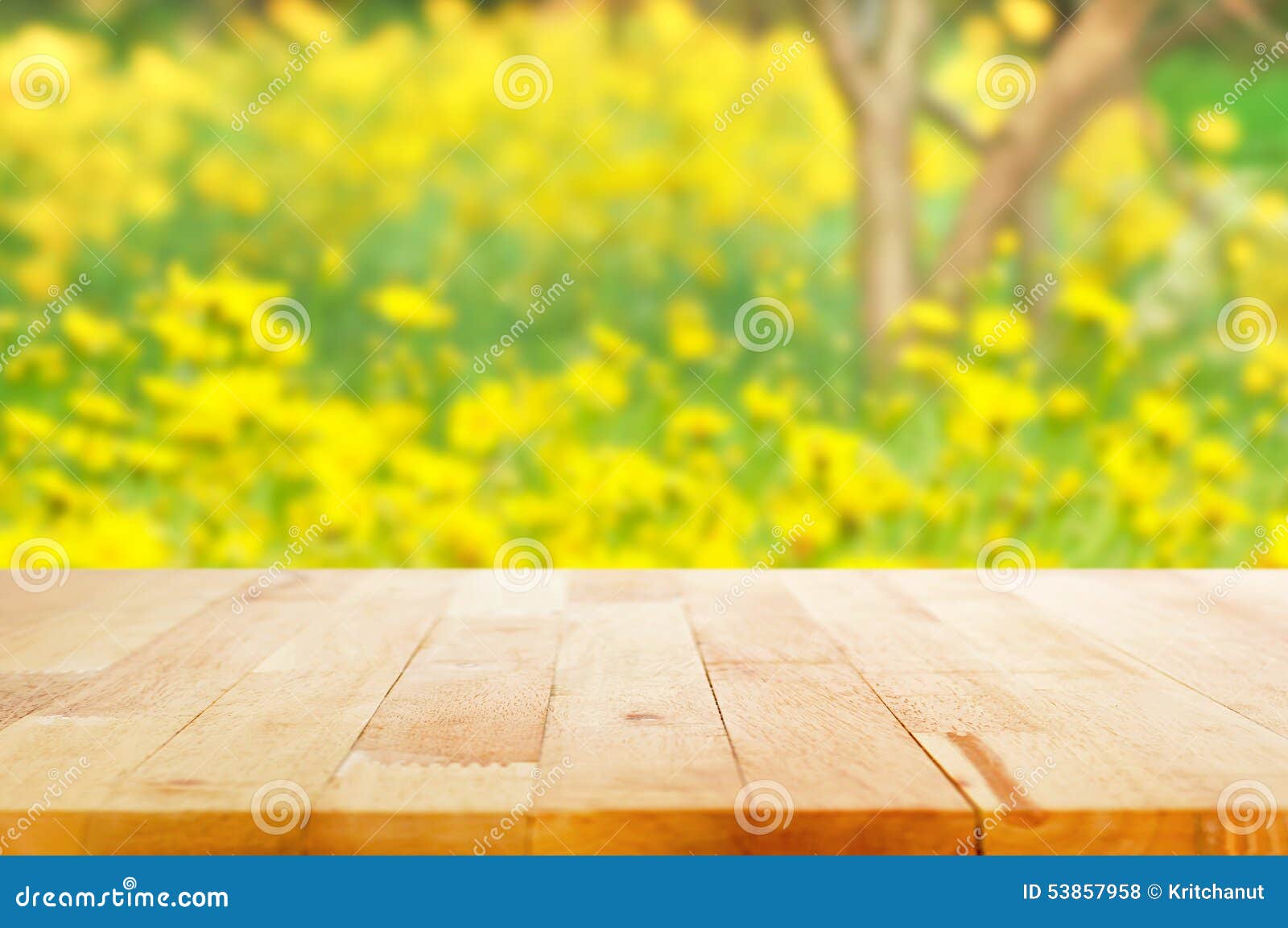 Wood Table Top On Blurred Background Of Yellow Flower Garden Stock Photo  53857958 - Megapixl