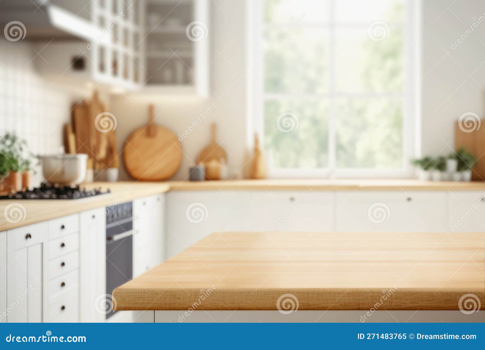 wood table top on blurred kitchen background. can be used mock up for montage products display or  layout