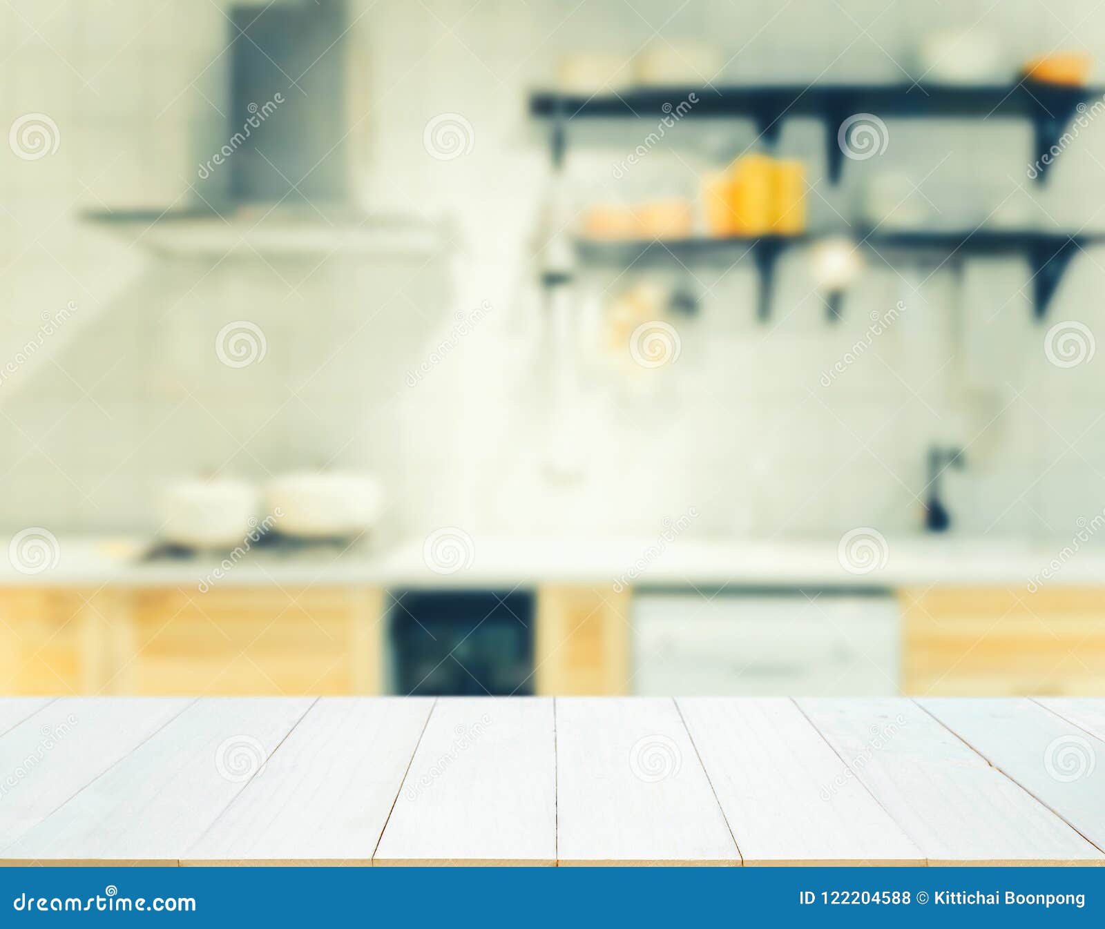 Wood Table Top on Blurred Kitchen Background, Stock Photo - Image of ...