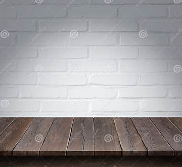 Wood Table with White Brick Wall Background Stock Image - Image of ...