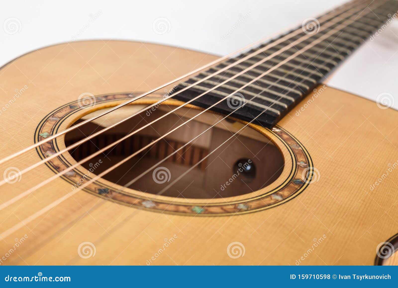 Wood Texture of Lower Deck of Six Strings Acoustic Guitar on White