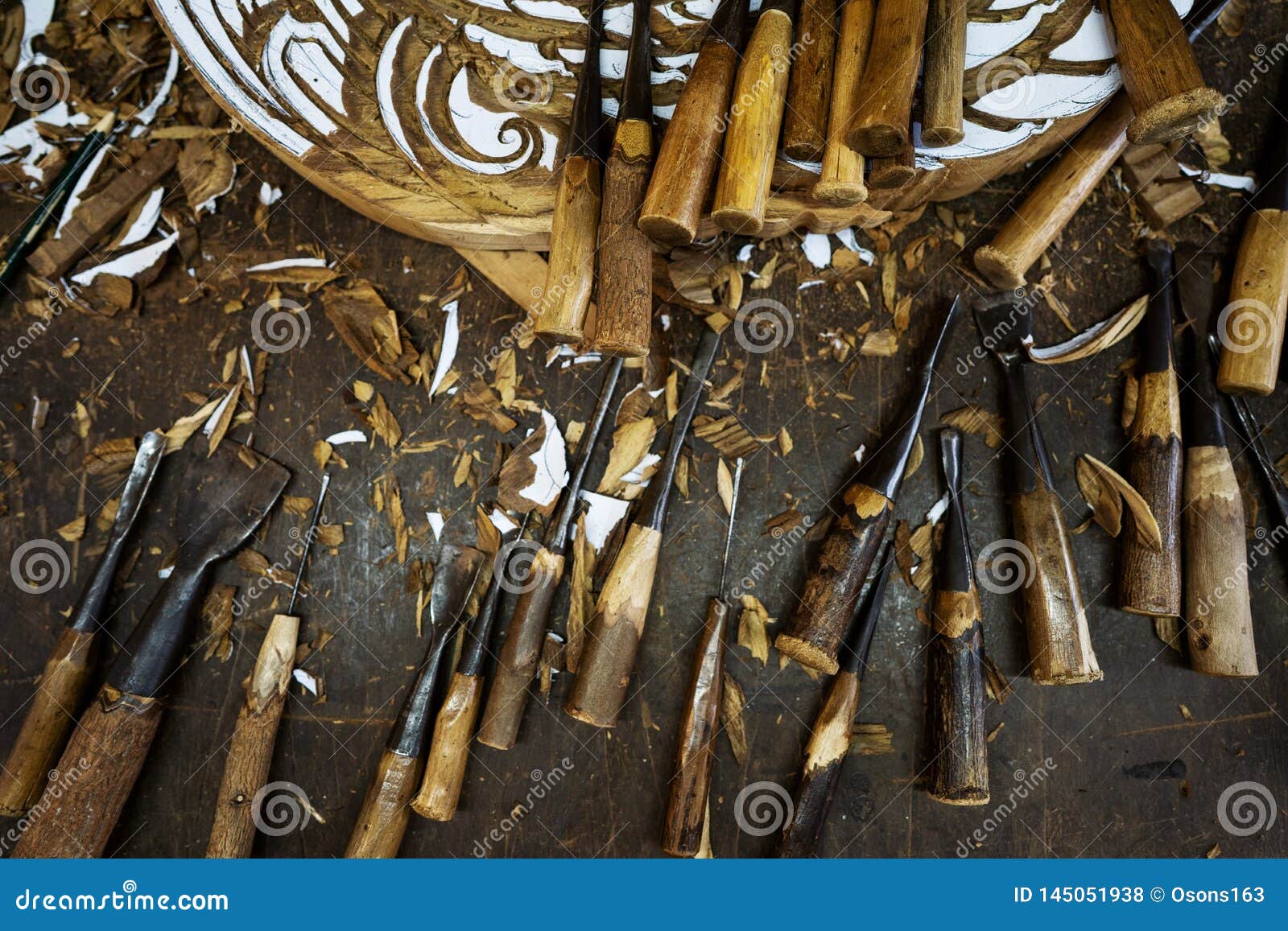 Wood Tools are on the Table Near the Product Stock Illustration