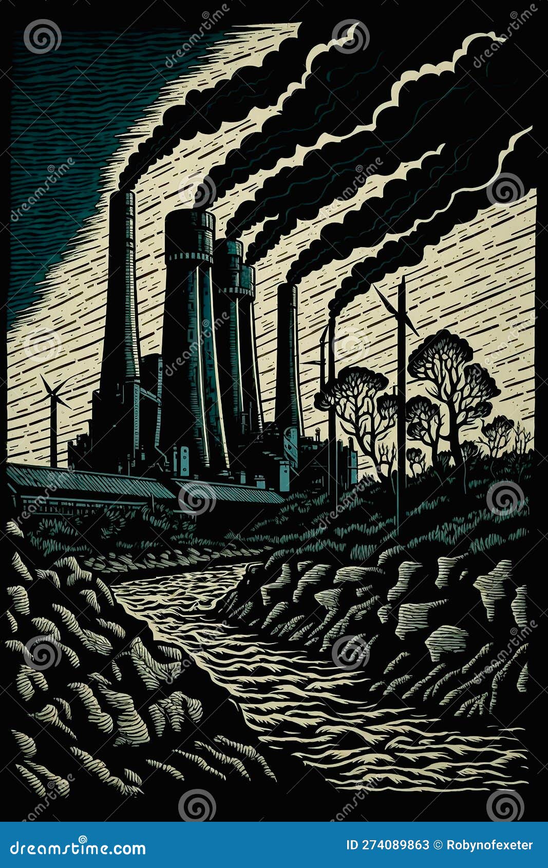 woodblock print of a dirty power station, traditional craft style. generative ai