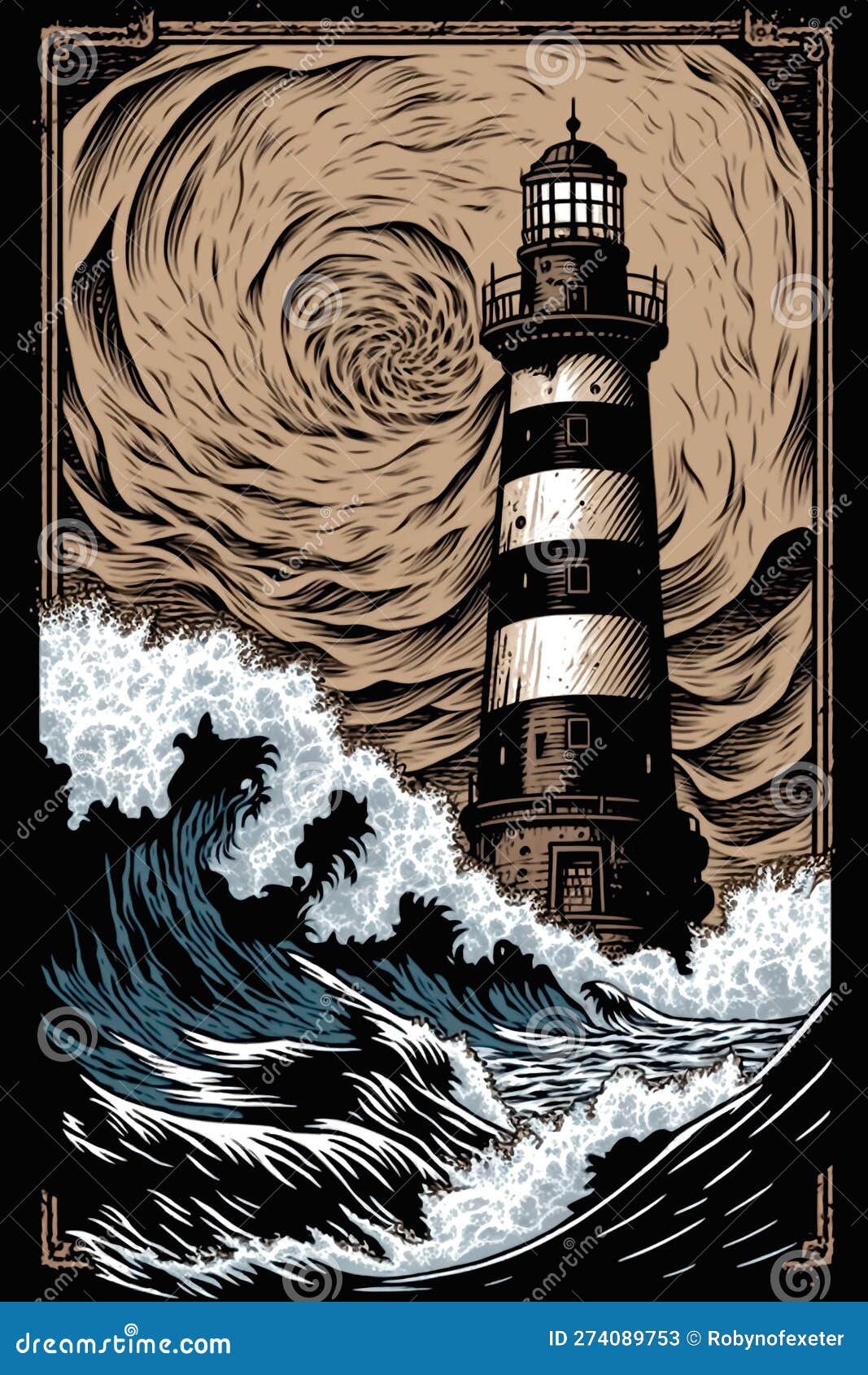 woodblock print of a lighthouse in stormy seas, traditional craft style. generative ai