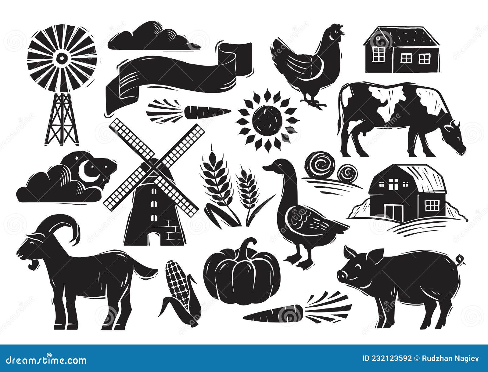 woodcut style farm set with country s on white background