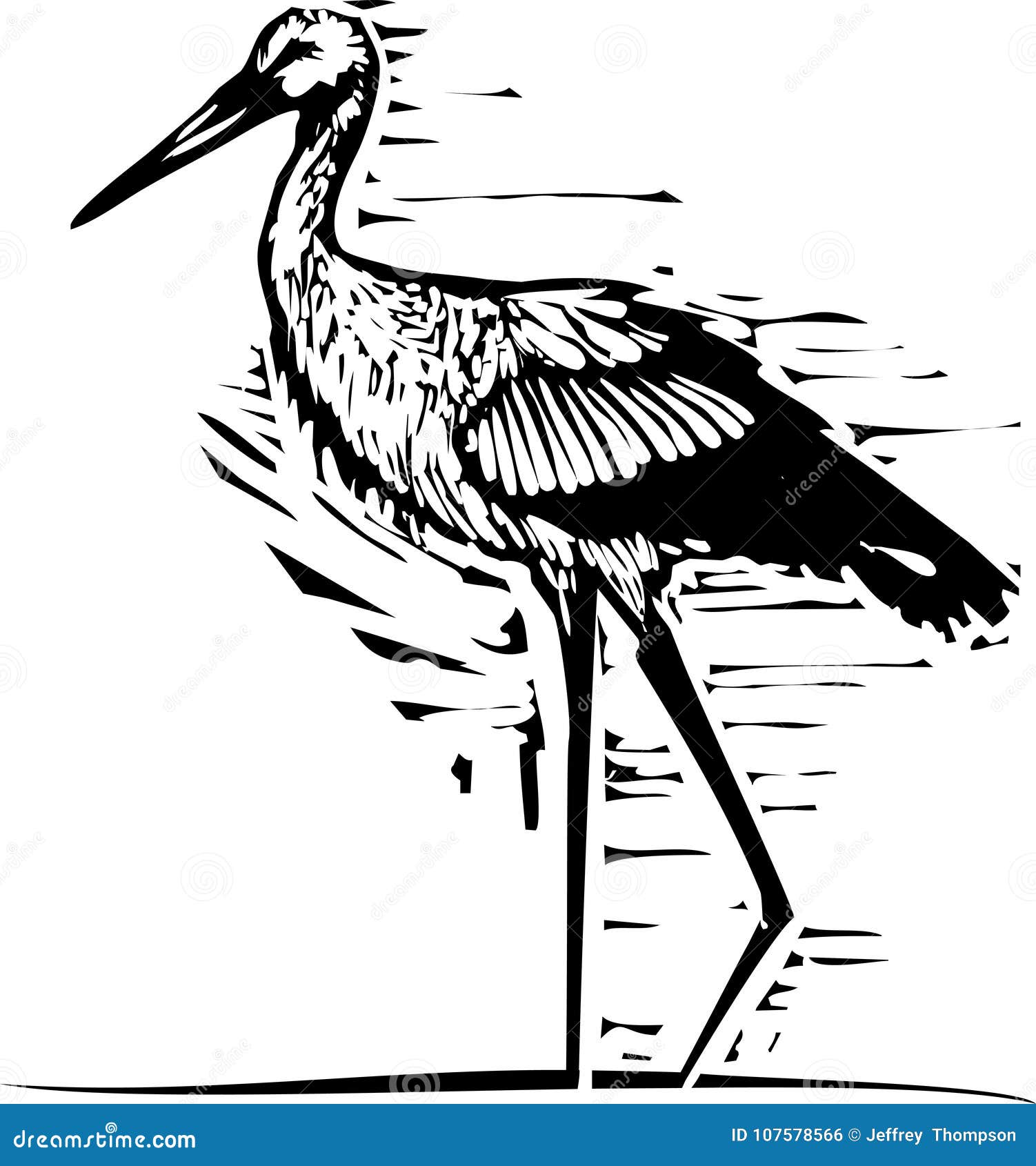 woodcut wading stork