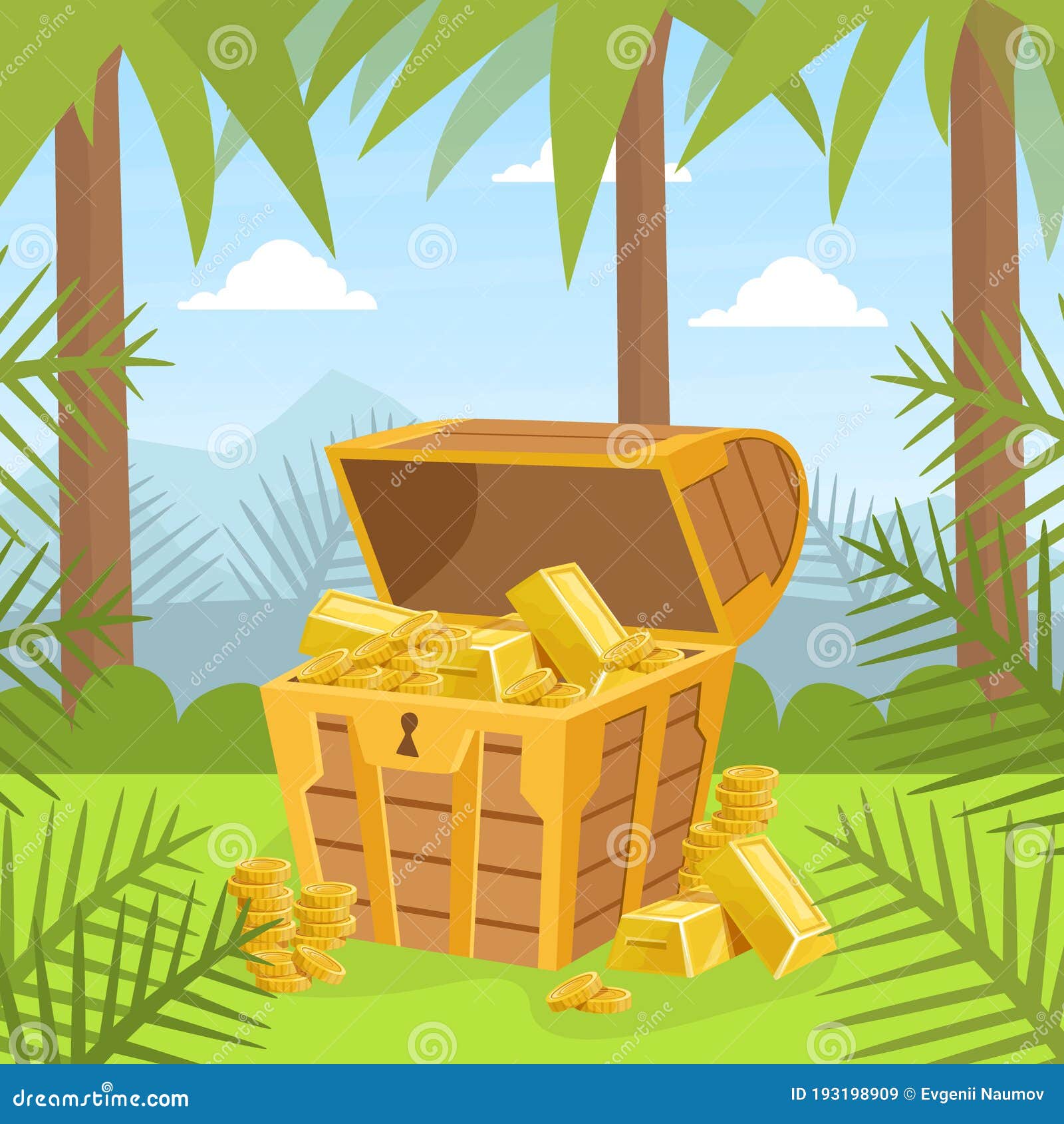 Wooden Ancient Chest of Gold on Tropical Island, Lost Pirate Treasures ...