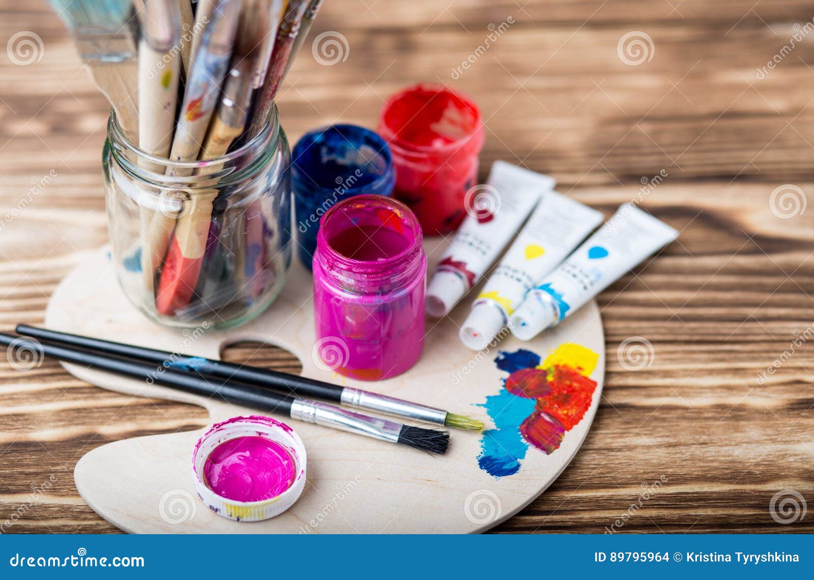 Wooden Art Palette with Tubes of Oil Paints and a Brush. Art and Craft  Tools. Artist`s Brush, Canvas, Palette Knife Stock Image - Image of color,  imagination: 89795803