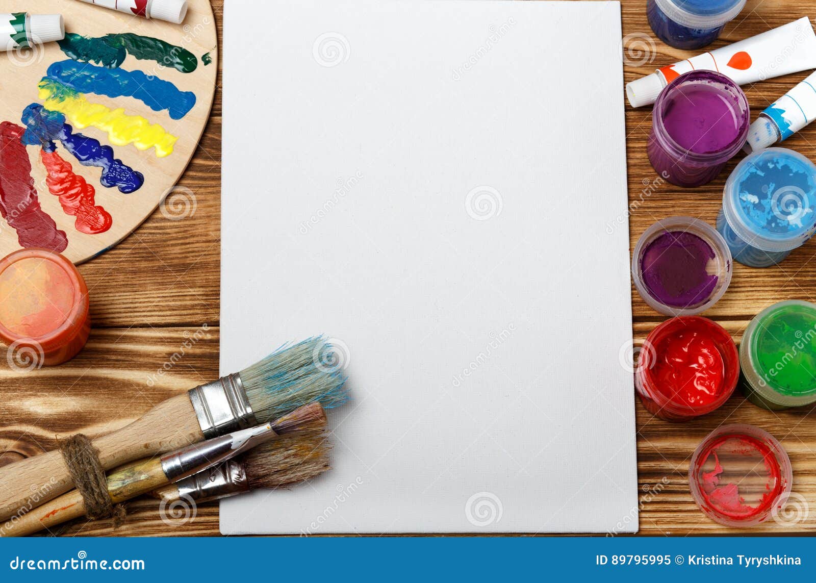 Wooden Art Palette with Tubes of Oil Paints and a Brush. Art and Craft  Tools. Artist`s Brush, Canvas, Palette Knife Stock Image - Image of color,  imagination: 89795803