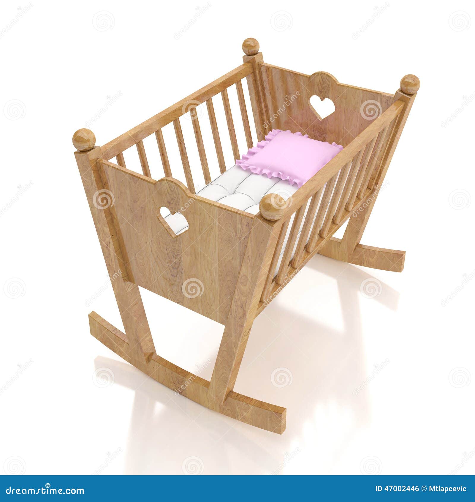 Wooden Baby Cradle With Rose Pillow Isolated On White 