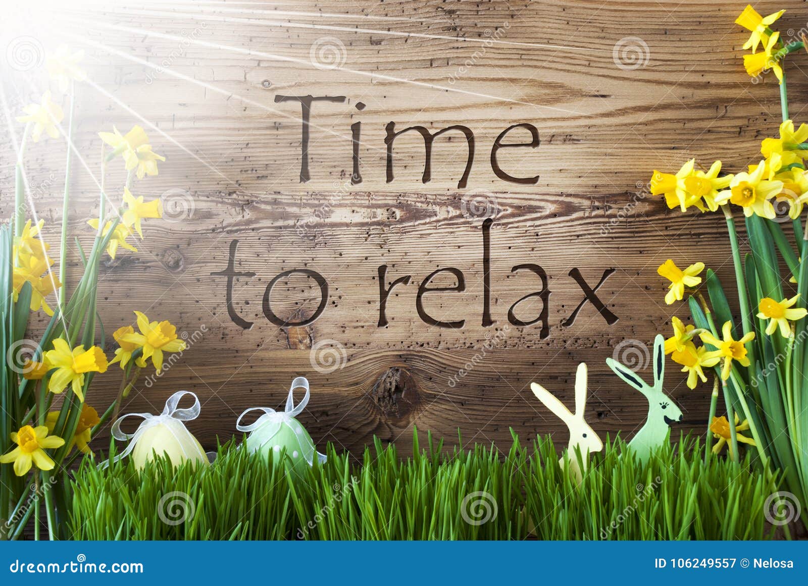 sunny easter decoration, gras, text time to relax