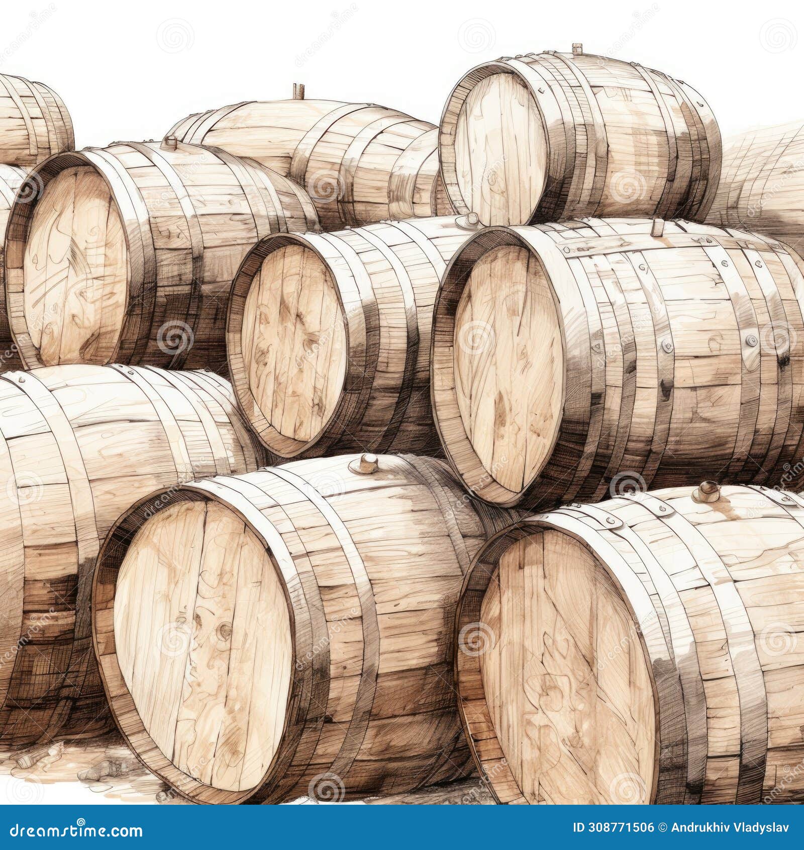 Wooden Barrels Hand Drawn Sketch Stock Illustration Illustration of