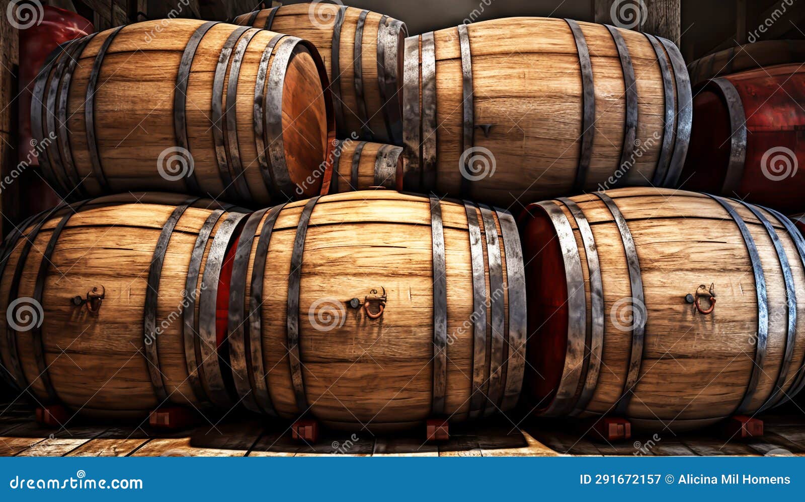 Wooden Barrels for Storing Wine. AI Generated Stock Illustration