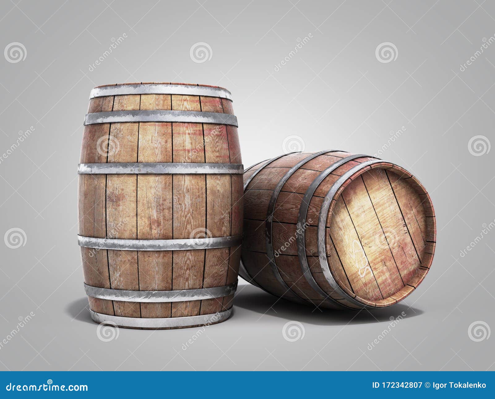 Wooden Barrels for Wine or Wiskey 3d Illustration on Grey Gradient