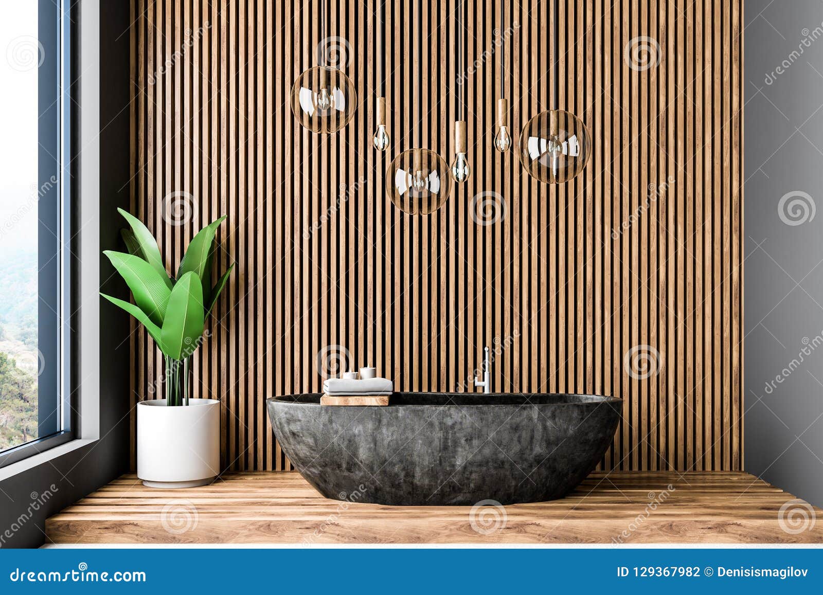 Wooden Bathroom Interior Black Tub Stock Illustration