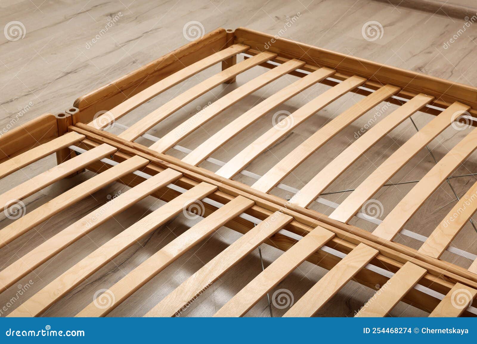 Wooden Bed Frame on Floor, Closeup View Stock Photo Image of large