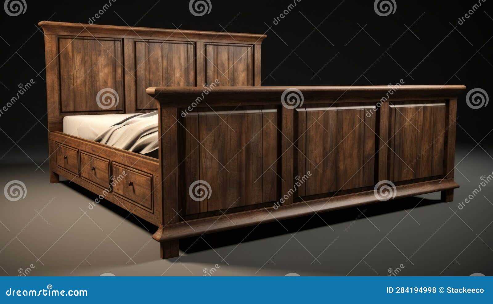 modern dark wood bed headboard with drawers - 3d model