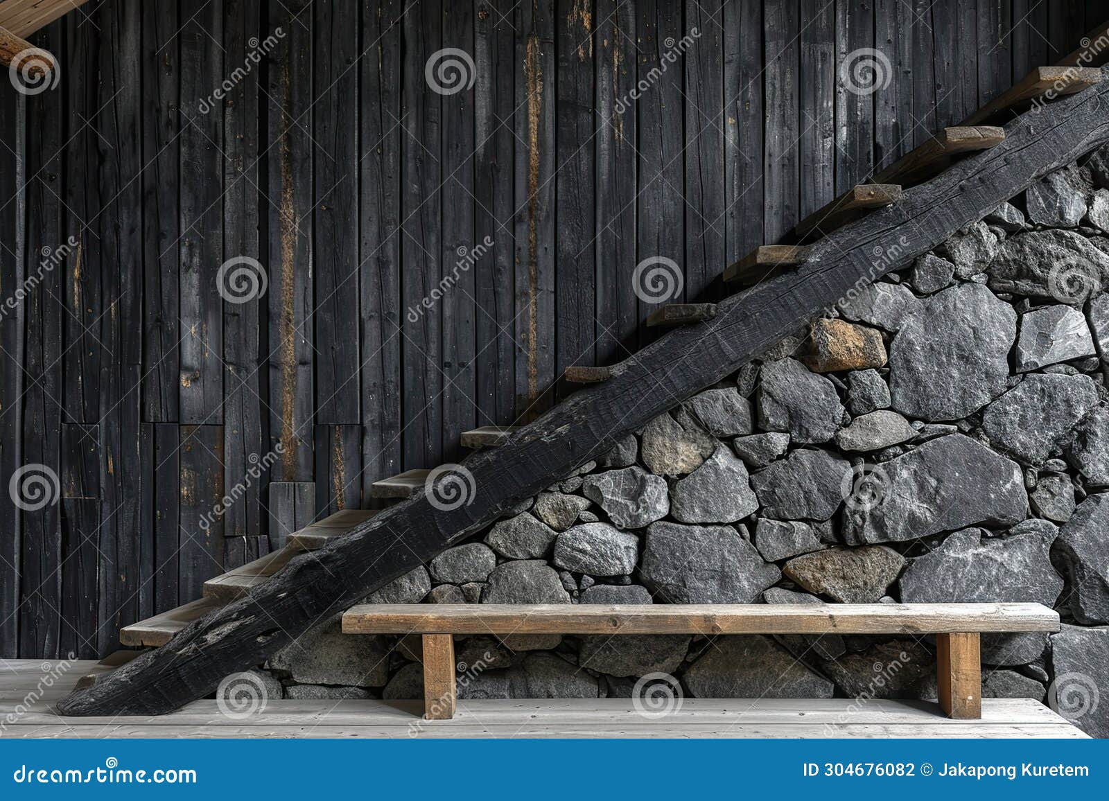 Wooden Bench Against Grey Wall and Staircase, Interior Design of Modern ...