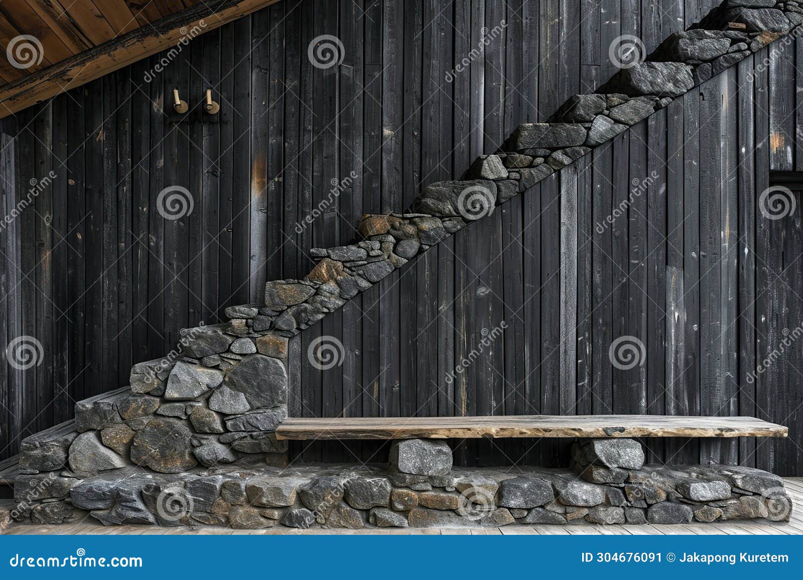 Wooden Bench Against Grey Wall and Staircase, Interior Design of Modern ...