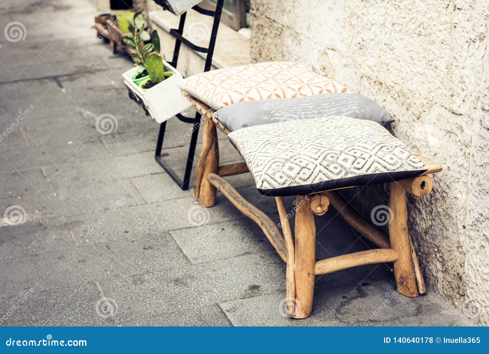 Wooden Bench with Decorative Pillows Stock Photo Image of comfortable