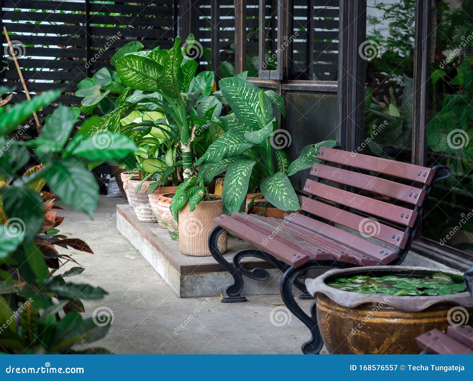 Indoor garden bench with plants