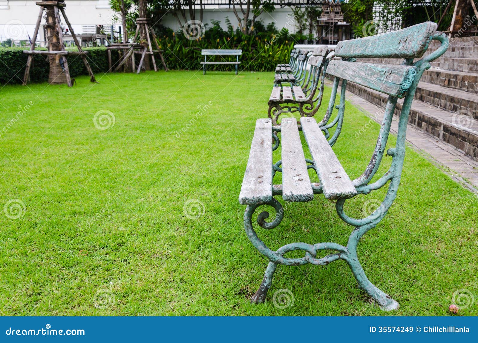 Wooden Bench with Grass Field Stock Image Image of nature, romance