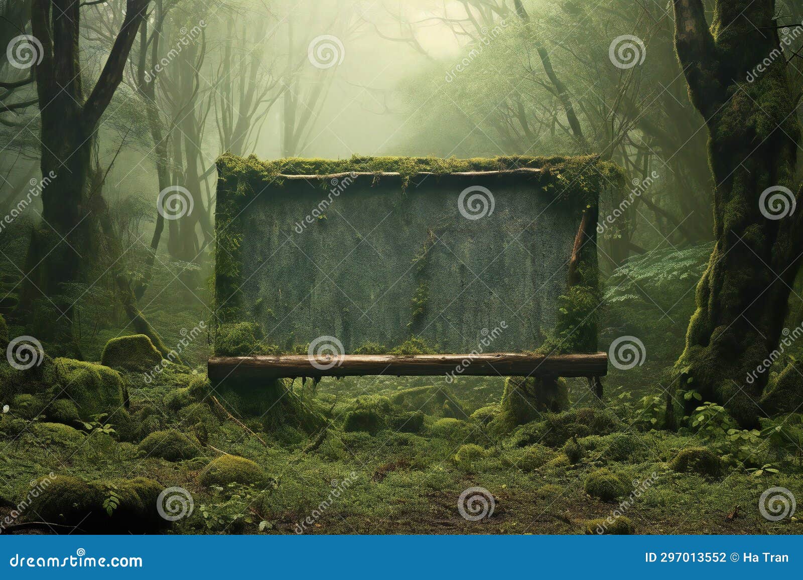 Wooden Bench In The Misty Forest With Empty Signboard Stock Illustration Illustration Of