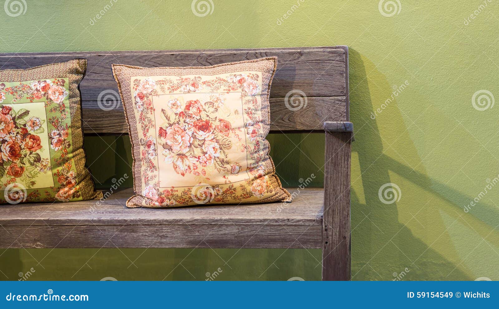 Wooden Bench with Two Handmade Pillows Stock Image Image of outdoor, lighting 59154549